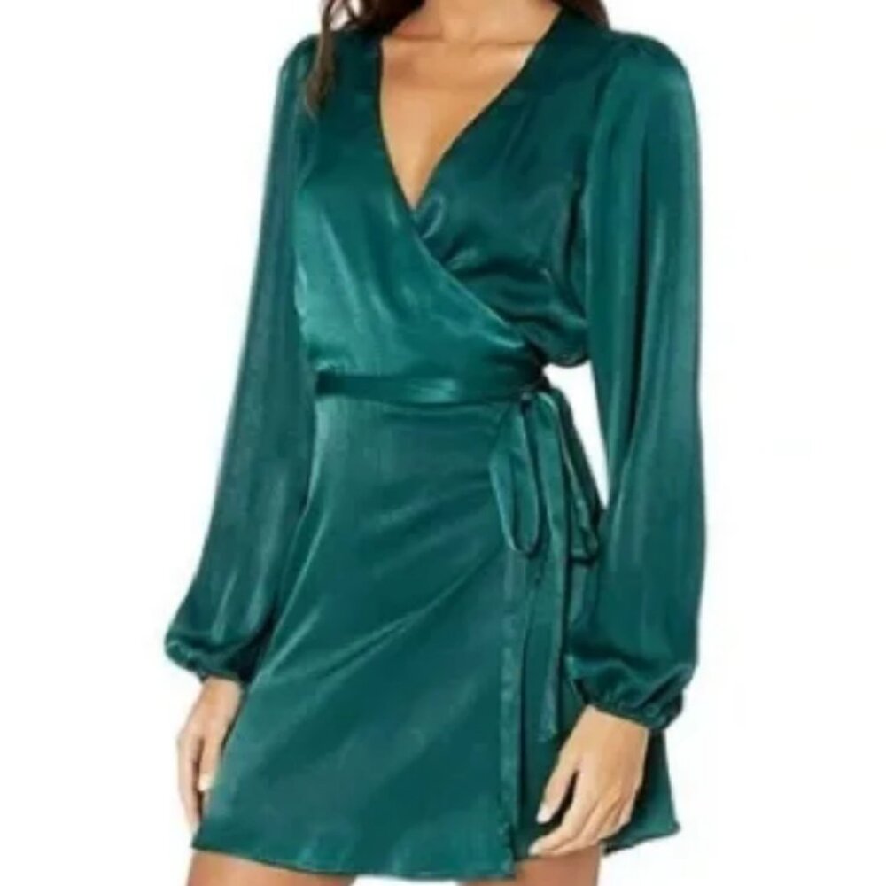 Show Me Your Mumu Nola Satin Dark Green Long Sleeve Wrap Dress - Sz Small